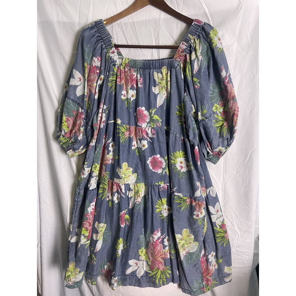 She sky women's denim style tropical floral print short sleeve dress size 2 XL